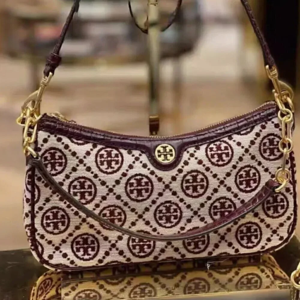 NWT! NEW! Tory Burch T MONOGRAM CHENILLE STUDIO BAG -Claret